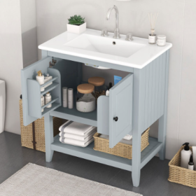 30 Modern Sleek Bathroom Vanity Elegant Ceramic Sink With Solid Wood Frame Open Style Shelf  Door Shelf Design