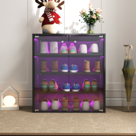 Shoe Box With RGB LED Light, Wooden Stackable Shoe Storage Box With Glass Door, Shoe Storage Bin Shoe Display Case For Sneakers  4 Tier-1