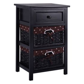 3 Tiers Wooden Storage Nightstand With 2 Baskets And 1 Drawer