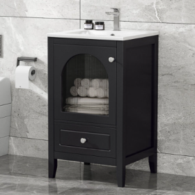 20 Bathroom Vanity With Sink, Bathroom Cabinet With Soft Closing Glass Door, A Drawer, Black