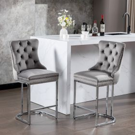 26 Velvet Bar Stools Set Of 2, Counter Height With Button Back  Rivet Trim