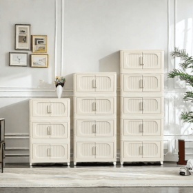 Cream White 19.69 Side Wide Folding Storage Cabinet ,3 Tiers,19.69x11.81x31.1,Collapsible Storage Bins With Magnetic Door, Plastic Storage Cabinet Wit
