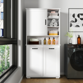 Laundry Cabinet With Doors And Shelf, Tilt-Out Laundry Hamper, Multiple Storage Space, Freestanding Style, Open Shelve, Adjustable Shelf, White