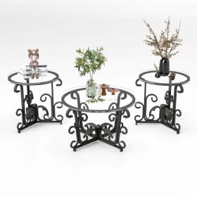 3 Piece Tempered Glass Surface Coffee Table Set, Decor Coffee Table Round End Side Table With Sturdy Construction For Living Room Rustic Black