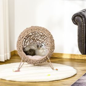 20.5 Weaved Cat Bed Hand-Woven Braided Banana Leaf Kitten House Condo With Cushion Natural