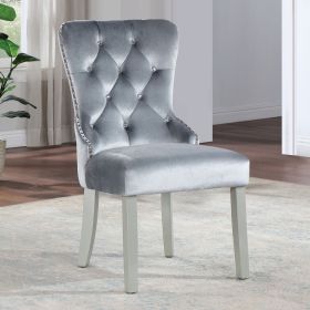 Classic Gray Flannelette 2pcs Side Chairs Crystal-like Acrylic Buttons Upholstered Wingback Dining Chair