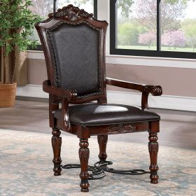 Majestic Traditional 2pcs Arm Chairs Brown Cherry Solid wood Faux Wood Carved Details Black Leatherette Seats Formal Dining Room Furniture