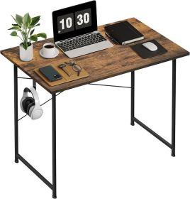 Home Office Computer Small Brown Desk, Wooden Simple Design PC Desk with Headphone Hook, 32"