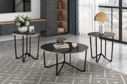 Round Coffee Table and End Tables 3pc Set Black Tempered Glass Top Metal Frame Modern Living Room Furniture