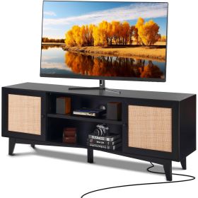 VEVOR Rattan TV Stand for 75in TV, Boho TV Stand with Rattan Door, Entertainment Center with Build-in Socket, Storage Cabinet with 2 Shelves (Color: Black, size: 66 inch)
